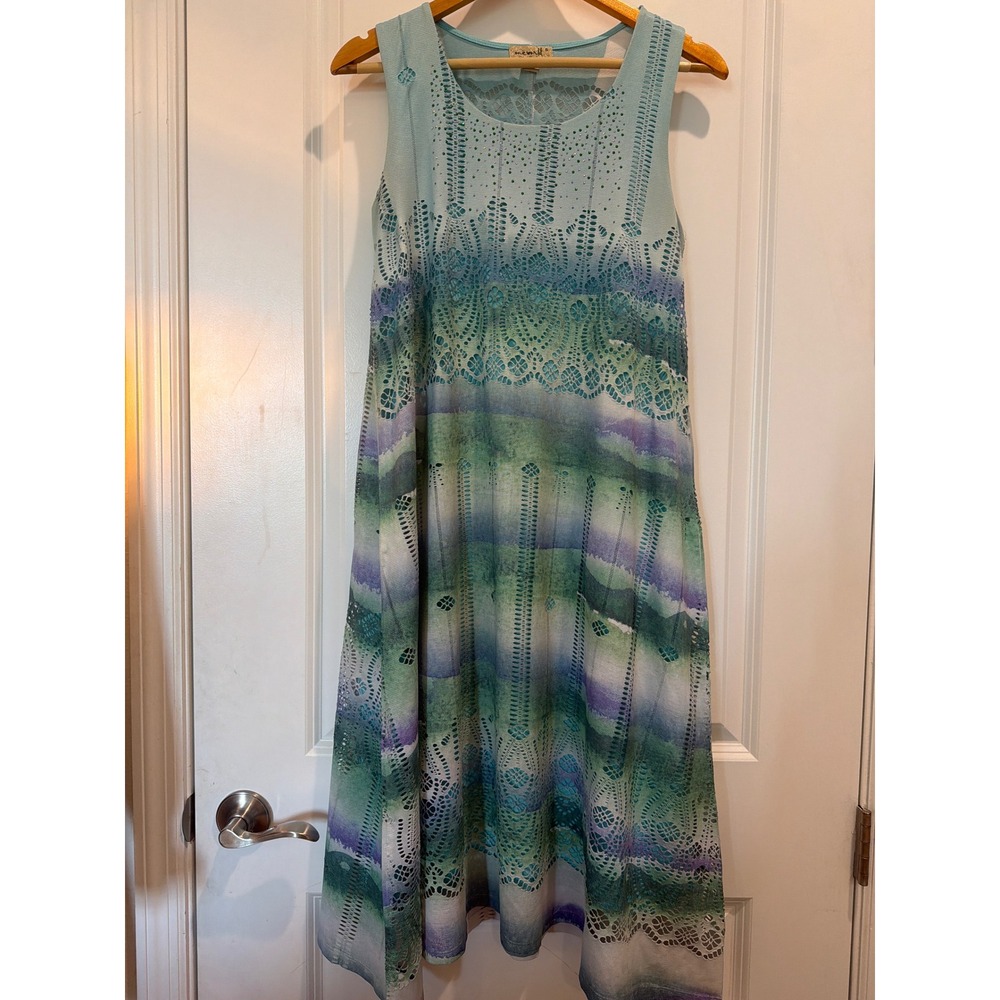 One World Live and Let Live Blue Watercolor Eyelet Rhinestone Midi Dress Small